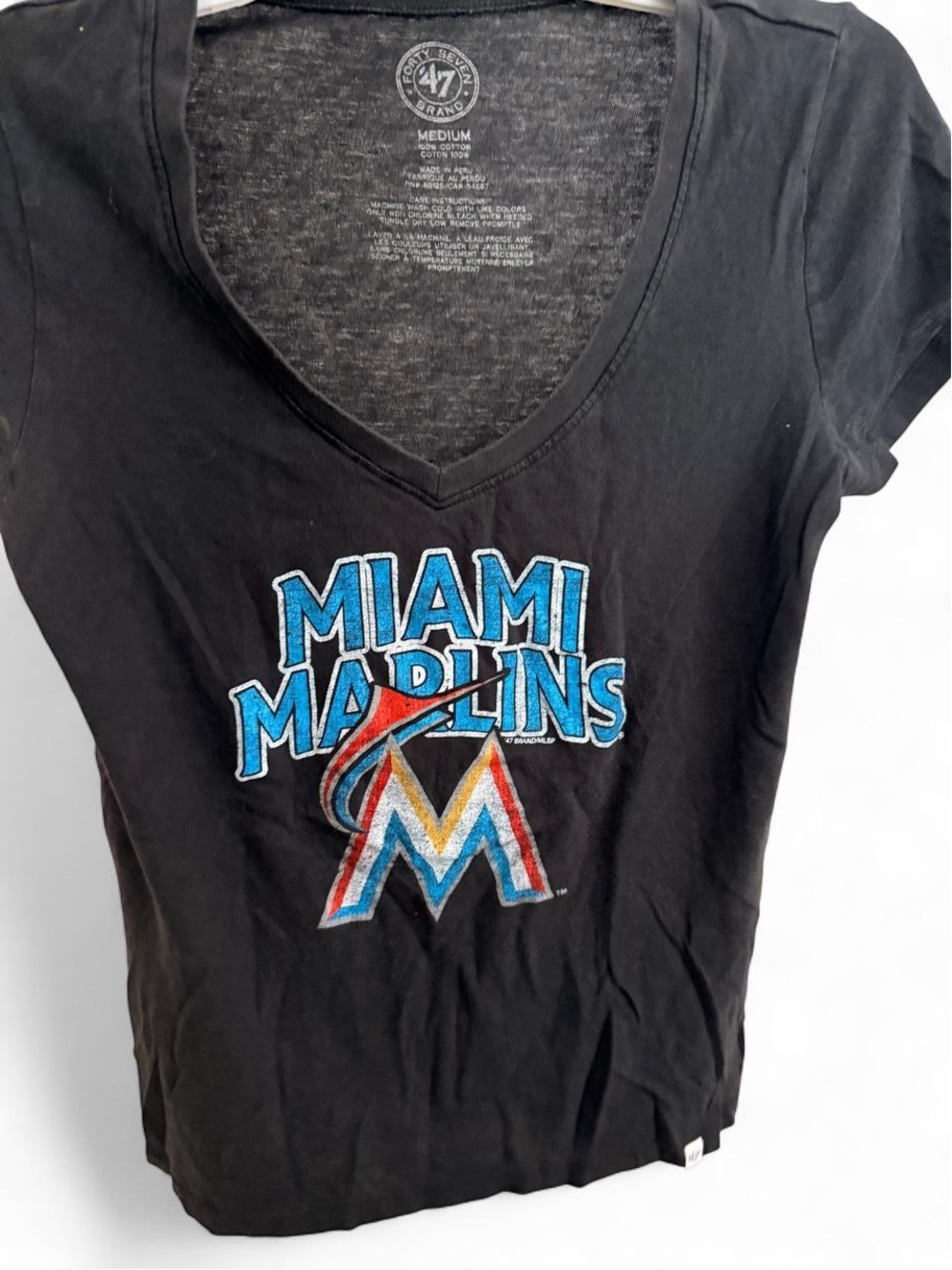 '47 Vintage Black Miami Marlins Women's V-Neck Tee with Blue & Red Logo